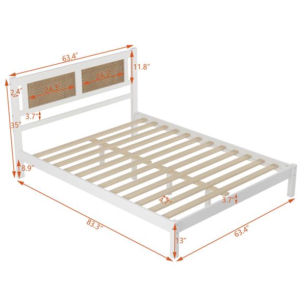 Queen Size Wood Platform Bed with Natural Rattan Headboard,Exquisite Elegance with Minimalist Charm for Bedroom,White