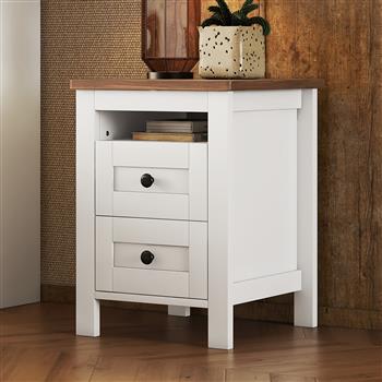 2-Drawer Farmhouse Wooden Nightstand with Well-proportioned Design and Sleek Lines, Wood Side Table with Storage Cabinet for Bedroom, White+Brown