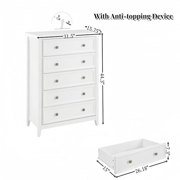 Modern 5 Drawers Dresser 5 Drawers Cabinet,Chest of Drawers Closet Organizers and Storage Clothes Storage Drawers Cabinet for Living Room, Farmhouse Dresser Organizer WHITE