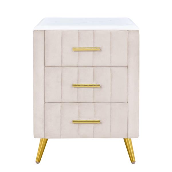 Upholstered Wooden Nightstand with 3 Drawers and Metal Legs&Handles,Fully Assembled Except Legs&Handles,Bedside Table with Marbling Worktop - Beige