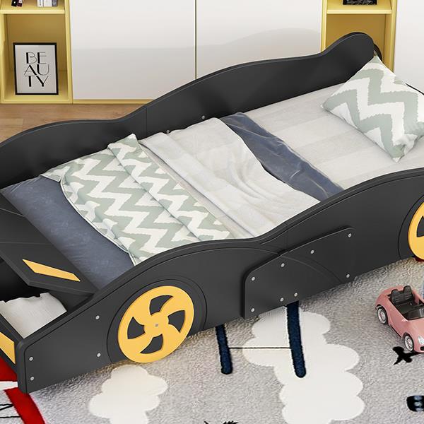 Twin Size Race Car-Shaped Platform Bed with Wheels and Storage, Black+Yellow