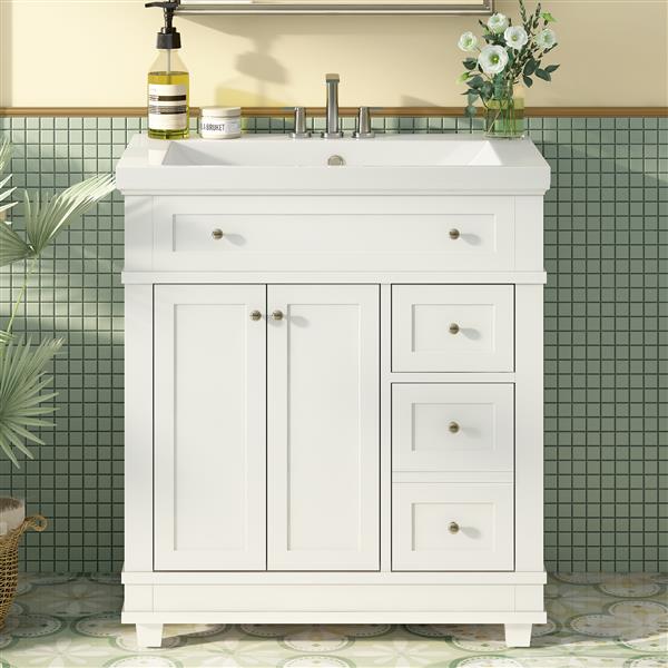 30" Bathroom Vanity Cabinet with Sink Combo Set, Undermount Resin Sink, Free Standing Vanity Set with 2 Drawers& Soft Closing Doors, Solid Wood Frame Bathroom Cabinet, White