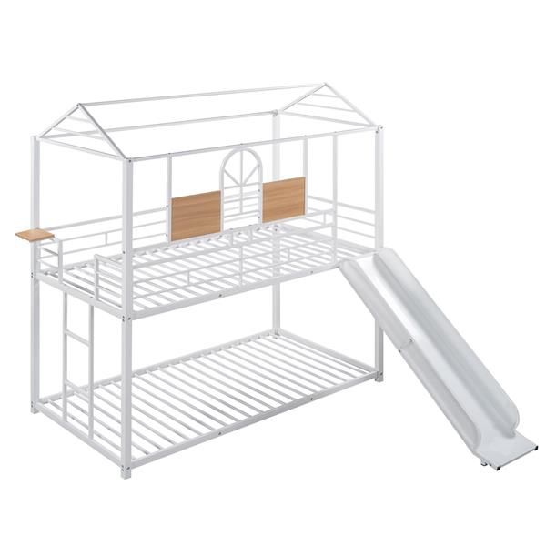 Twin Over Twin Metal Bunk Bed ,Metal Housebed With Slide,Three Colors Available.(White with White  Slide)