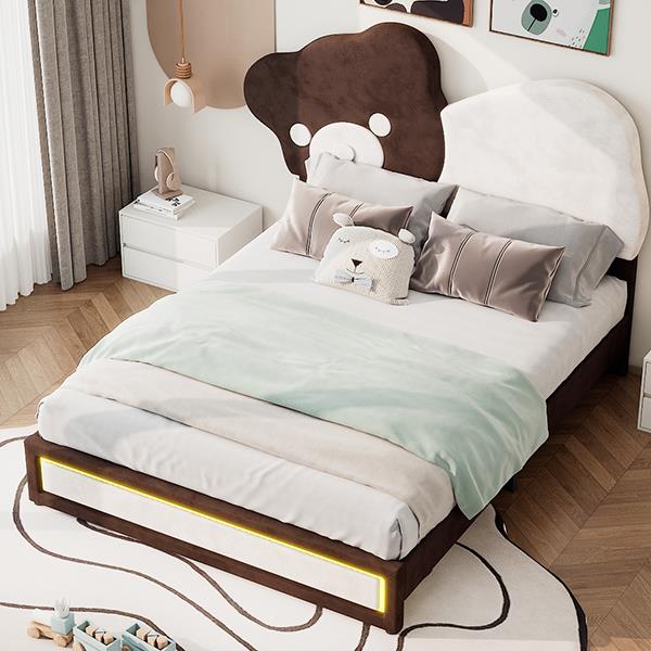 Full Size Upholstered Platform Bed with Bear Shaped Headboard, LED Light Strips, White + Brown