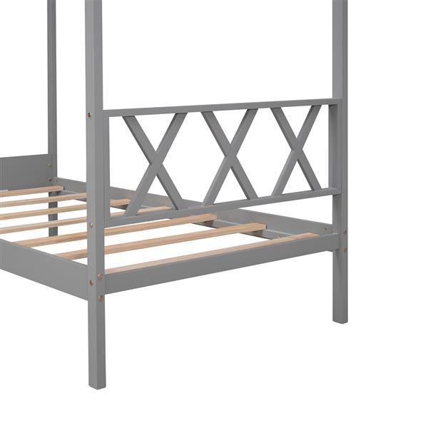 Twin Size Wood House Bed with Storage Space, Gray