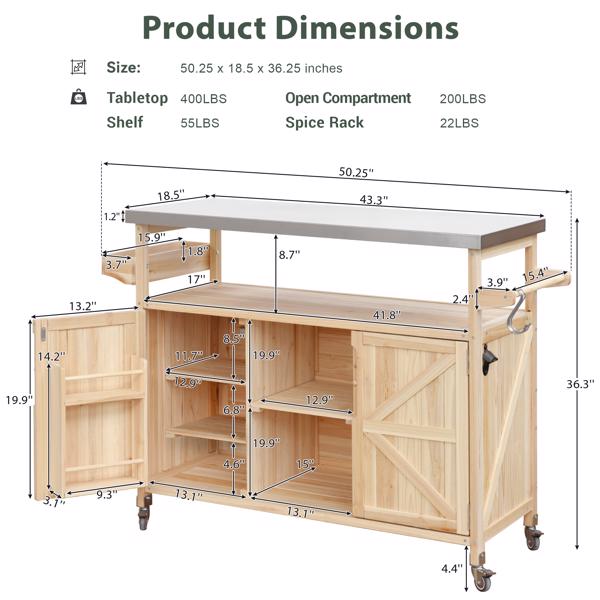 Outdoor Kitchen Island, Rolling Bar Cart & Storage Cabinet, Farmhouse Solid Wood Outdoor Grill Table with Stainless Steel Top, Spice Rack , Towel Rack for Kitchen & BBQ , Natural