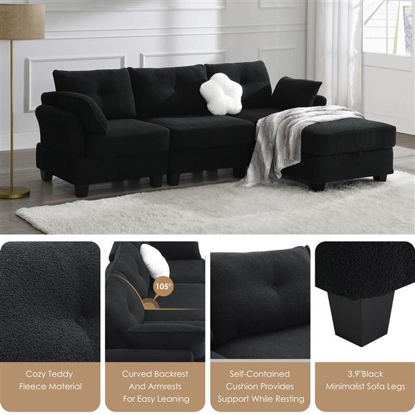 [VIDEO provided] [New] 92*63"Modern Teddy Velvet Sectional Sofa,Charging Ports on Each Side,L-shaped Couch with Storage Ottoman,4 seat Interior Furniture for Living Room, Apartment,3 Colors(3 pillows)