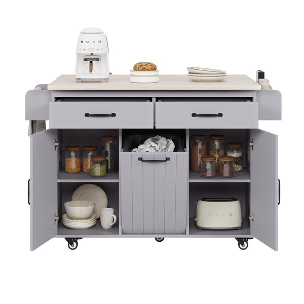 Kitchen Island with Trash Can Storage Cabinet, Kitchen Cart with Drop Leaf, Spice Rack, Towel Rack and Drawer, Rolling Kitchen Island on Wheels with Adjustable Shelf, Grey