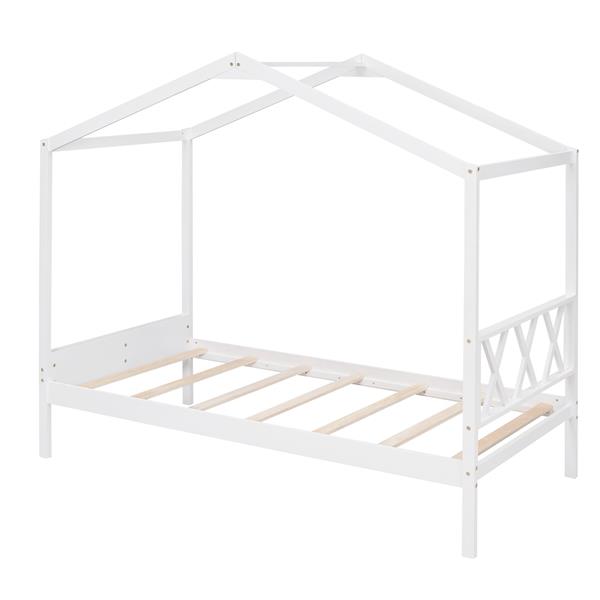 Twin Size Wood House Bed with Storage Space, White