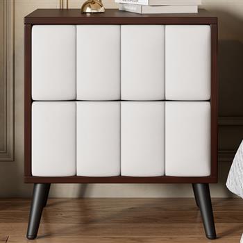 2-Drawer Nightstand for Bedroom, Mordern Wood+Linen Bedside Table with Classic Design,Walnut+Beige