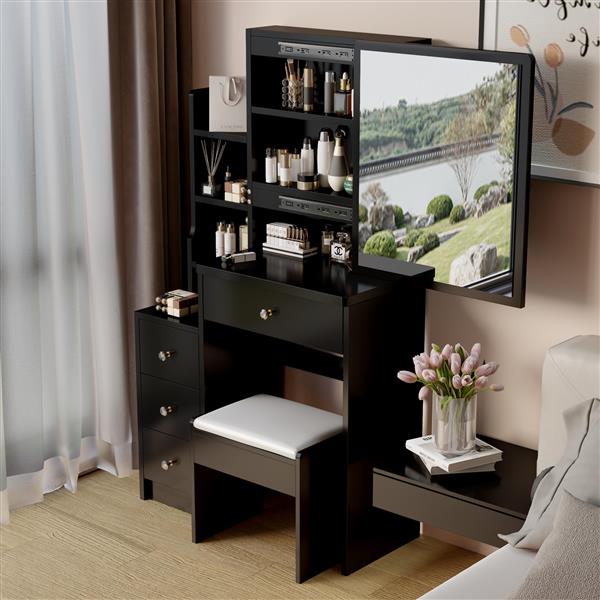 Small Space Left Bedside Cabinet Vanity Table + Cushioned Stool, Extra Large Right sliding mirror, Multi Layer High Capacity Storage, Practical Fashionable Dresser, Suitable for Girls Up to 5.6ft Tall