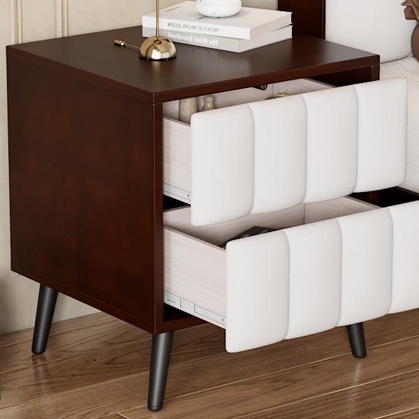 2-Drawer Nightstand for Bedroom, Mordern Wood+Linen Bedside Table with Classic Design,Walnut+Beige