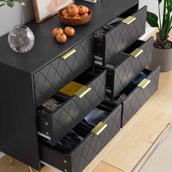 Modern black 6 Drawers for Bedroom, Modern 6 Drawer Dresser, Wide Chest of Drawers with Gold Handles, Wood Double Dresser Storage Cabinet for Living Room, Bedroom, Hallway 