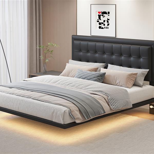 Queen Size Floating Bed Frame with Motion Activated Night Lights,Modern PU Upholstered Button Tufted Platform Bed Frame,Black