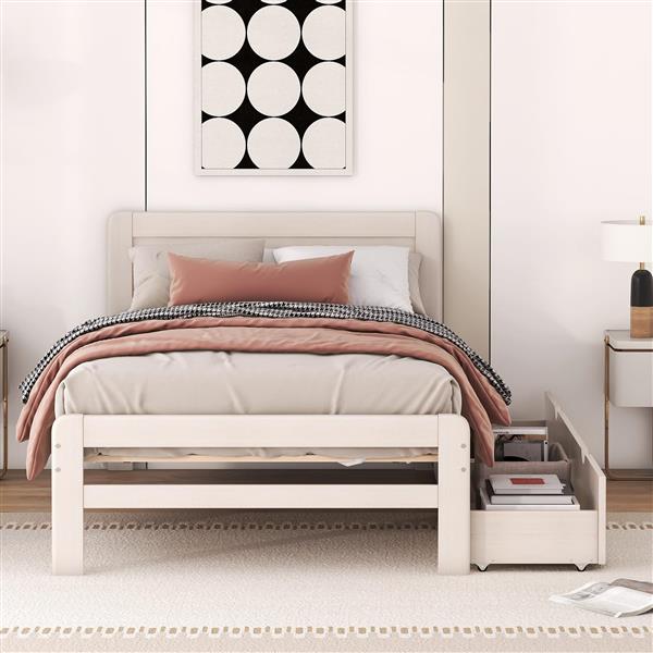 Modern Design Twin Size Platform Bed Frame with 2 Drawers for White Washed Color