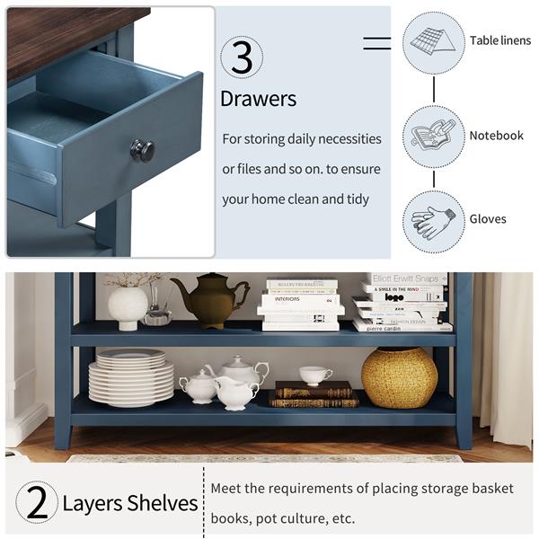 Retro Design Console Table with Two Open Shelves, Pine Solid Wood Frame and Legs for Living Room (Antique Navy+Espresso)