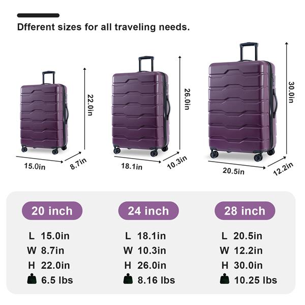 Luggage Sets New Model Expandable ABS+PC 3 Piece Sets with Spinner Wheels Lightweight TSA Lock (20/24/28),DEEP PURPLE