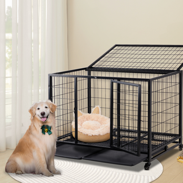 42 Inch Heavy Duty Dog Crate, Metal Dog Cage Dog Kennel for Medium to Large Dogs with Double Doors, Lockable Wheels and Removable Trays for Indoor & Outdoor