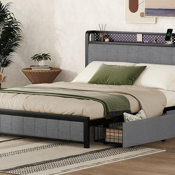 Queen Bed Frame with LED Headboard, Upholstered Bed with 4 Storage Drawers and USB Ports, Light Grey