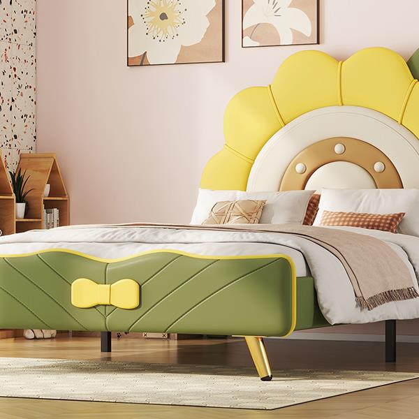 Twin Size Upholstered Platform Bed with Sunflower Shaped Headboard, Green