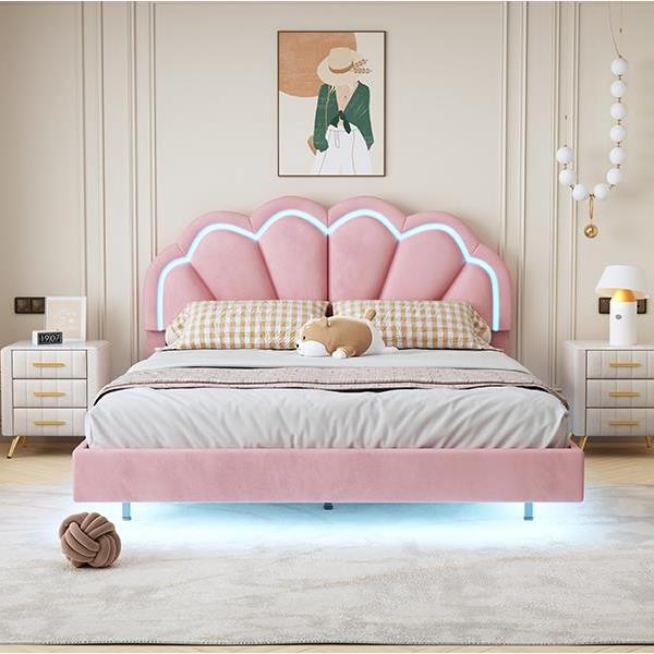 Queen Upholstered Smart LED Bed Frame with Elegant Flowers Headboard,Floating Velvet Platform LED Bed with Wooden Slats Support,Pink