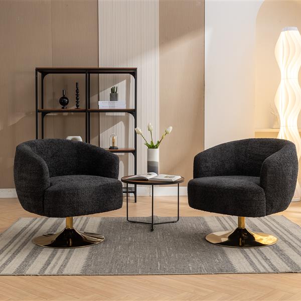 048-Chenille Fabric Swivel Chair With Gold Metal Round Base,Black