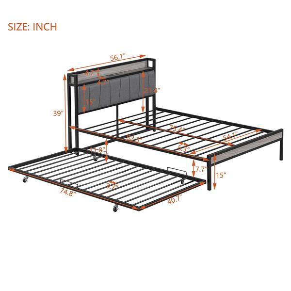 Full Size Metal Platform Bed Frame with Twin size trundle, Upholstered headboard, Sockets, USB Ports and Slat Support, No Box Spring Needed, Black