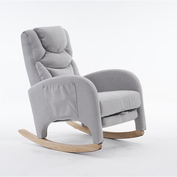 052- Cotton Linen Fabric Nursery Rocking Chair With Adjustable Footrest,Light Gray