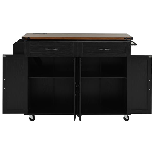 53.5''Farmhouse Kitchen Island with Power Outlet, Kitchen Storage Island with Drop Leaf, Spice Rack and Drawer, Rolling Kitchen Cart on Wheels, for Home, Kitchen and Dining Room, Black