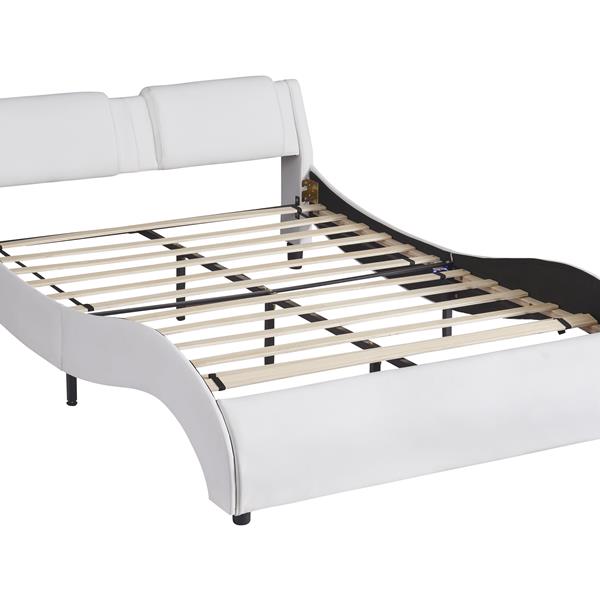 Full Size Upholstered Faux Leather Platform Bed with LED Light Bed Frame with Slatted - White