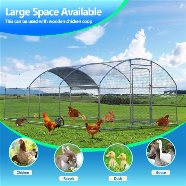 Metal Large Chicken Coop Walk-in Poultry Cage Large Chicken Run Arc Shaped Cage with Waterproof Anti-UltravioletCover, 1.00" Diameter Tube (19.6' L x 9.8' W x 6.5' H)