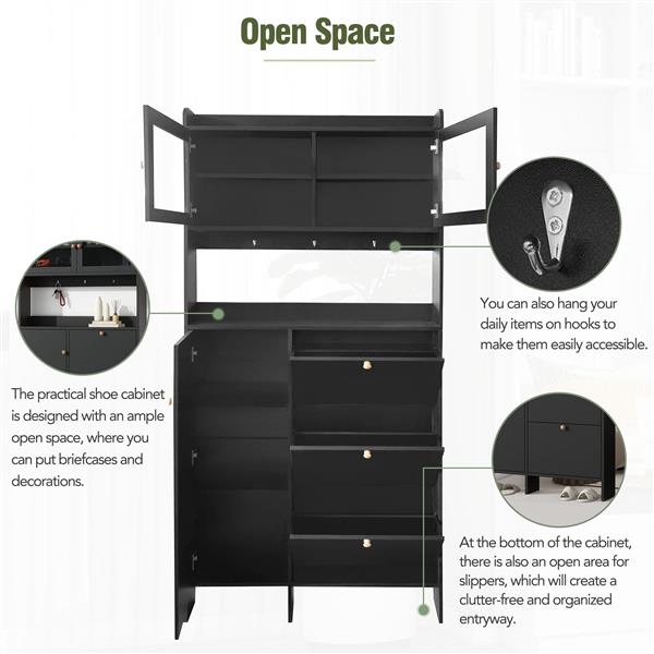 [VIDEO provided] Shoe Cabinet with Open Storage Space, Practical Hall Tree with 3 Flip Drawers, Multi-functional & Integrated Foyer Cabinet with Tempered Glass Doors for Hallway, Black