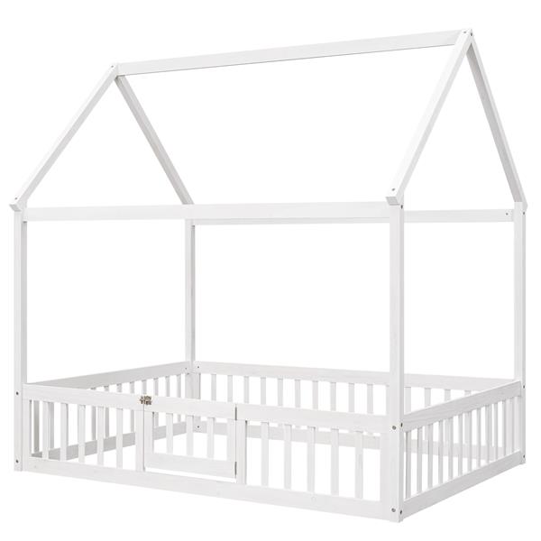 Full Size Wood House Bed with Fence and Door, White Wash