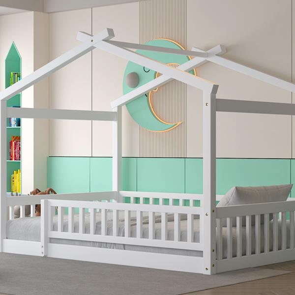 Full Size Wood Bed House Bed Frame with Fence, for Kids, Teens, Girls, Boys,White