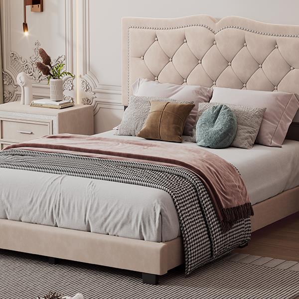 Full Size Upholstered Bed Frame with Rivet Design, Modern Velvet Platform Bed with Tufted Headboard,Beige