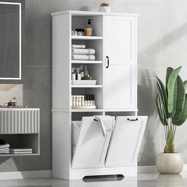 Bathroom Storage Cabinet with Doors and Drawers, Tilt-Out Laundry Hamper, Multiple Storage Space, Freestanding Style, Open Shelve, Adjustable Shelf, White