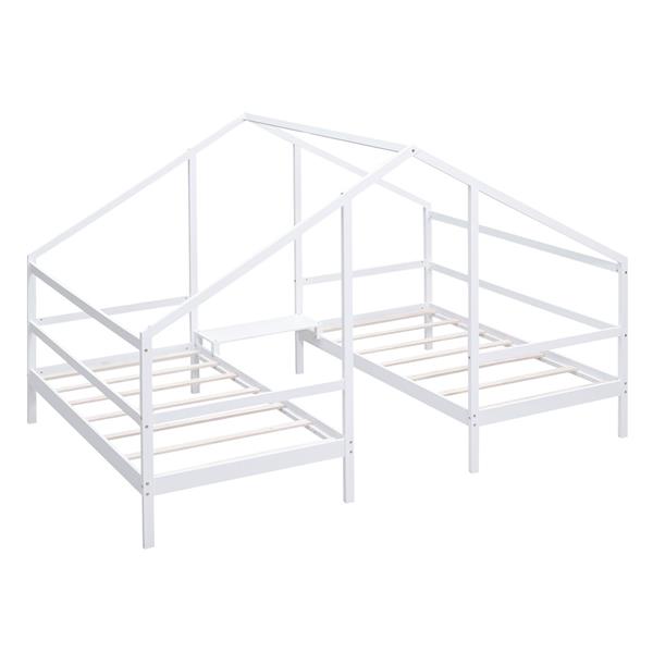 Double Twin Size Triangular House Beds with Built-in Table,White