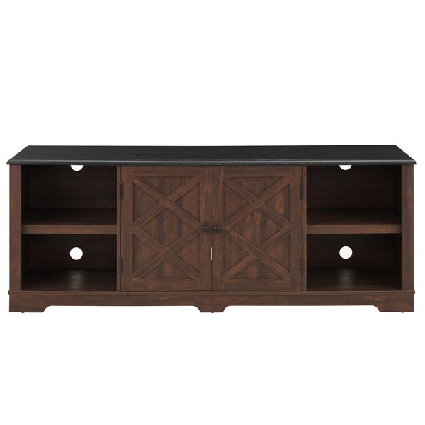 Modern Farmhouse TV Media Stand, Large Barn Inspired Home Entertainment Console, for TV Up to 80'', with Open Shelves and Closed Cabinets, Espresso and Black, 70"W*15.55"D*26.89"H