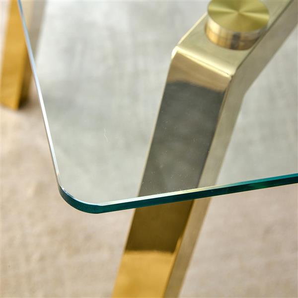 Modern minimalist style rectangular glass dining table with tempered glass tabletop and golden metal legs, suitable for kitchen, dining room, and living room, 63 inches * 35.4 inches * 30 inches