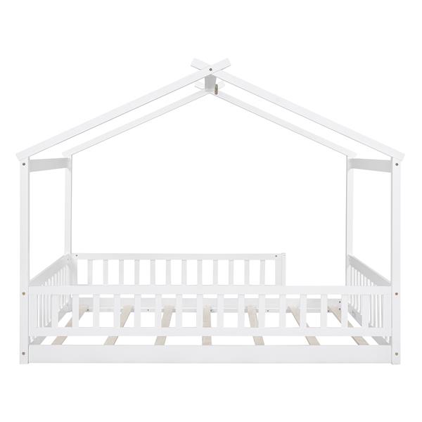 Full Size Wood Bed House Bed Frame with Fence, for Kids, Teens, Girls, Boys,White