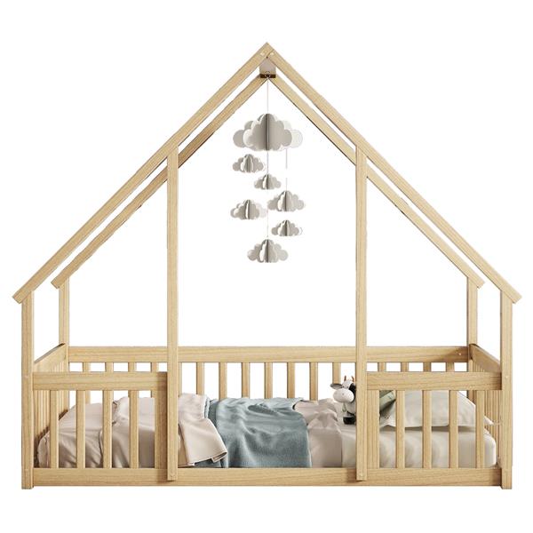 Full Wood House-Shaped Floor Bed with Fence, Guardrails,Natural