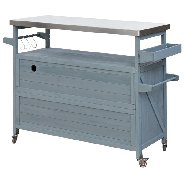 Outdoor Kitchen Island, Rolling Bar Cart & Storage Cabinet, Farmhouse Solid Wood Outdoor Grill Table with Stainless Steel Top, Spice Rack , Towel Rack for Kitchen & BBQ , Grey Blue