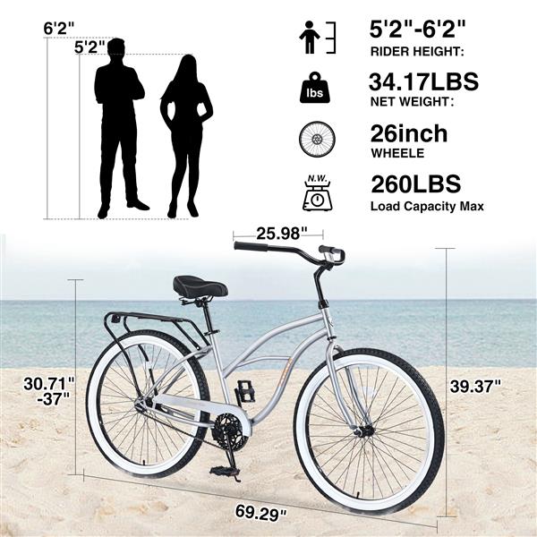 Single Speed Bicycles 26"Inch,Steel Frame, Wide Wheels for Stability, Rear Coaster Brakes,Multiple Colors Men's Beach Cruiser Bike