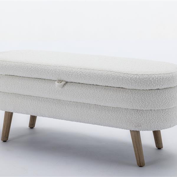 036-Boucle Fabric Storage Bench Bedroom Bench With Wood Legs For Living Room Bedroom Indoor,Ivory