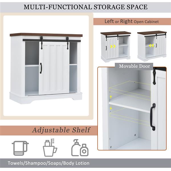 Bathroom Storage Cabinet, Freestanding Cabinet, Sliding Barn Door, Thick Top, Adjustable Shelf, White and Brown