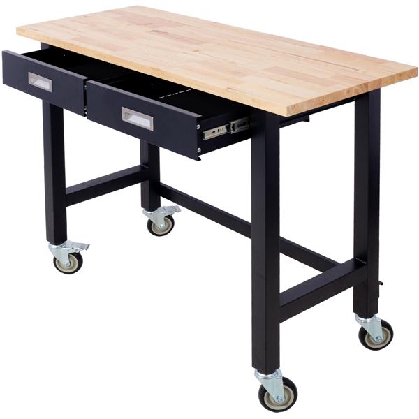 48in Work Bench, Workbench with Drawer Storage, Heavy Duty Bamboo Wood Work Table with Wheels for Garage Home Office