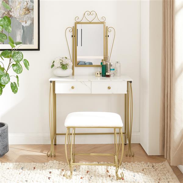 Vanity Mirror Table Set, Makeup Desk Vanity with Stool, Vintage Bedroom Vanity Lots Storage Dressing Table White for Women and Girls