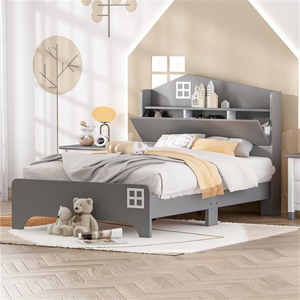 Wooden Twin Size House Bed with Storage Headboard ,Kids Bed with Storage Shelf,Grey