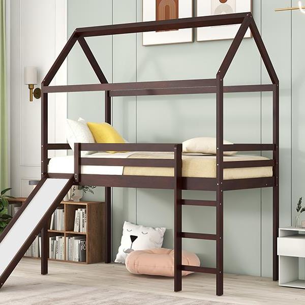 Twin Loft Bed with Slide, House Bed with Slide,Gray