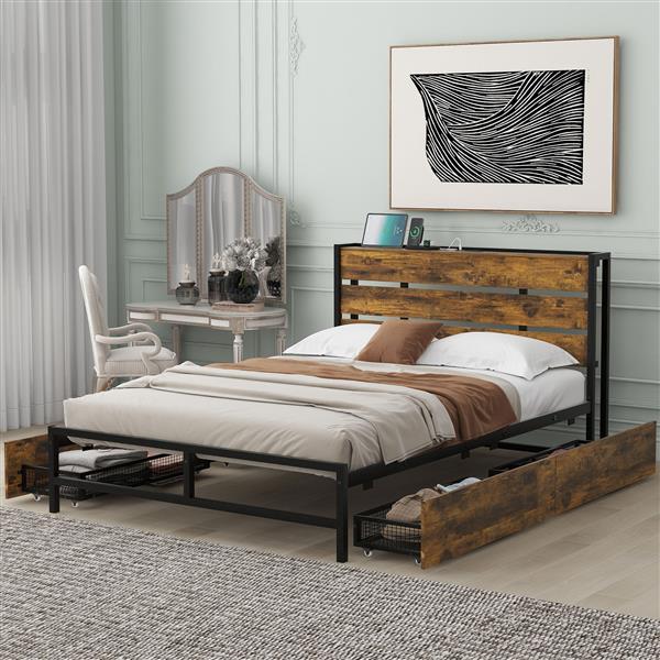 Metal Platform Bed With Four drawers, Sockets and USB Ports, Full, Black